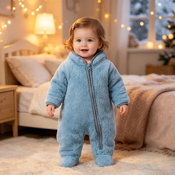 Eltusu Boys Fleece Bodysuit, Zip up Warm Long Sleeve Solid Color Winter Romper Blue Size 3-6 Months