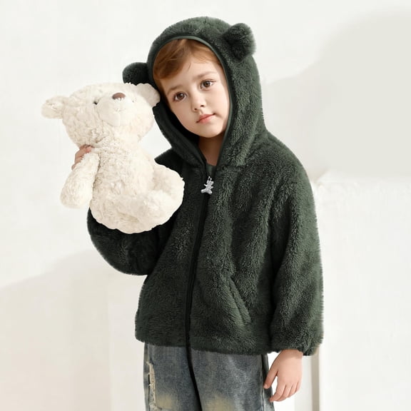 Eltusu Boys Fleece Jacket, Cute Thermal Zipper Soft Outerwear with Hood Army Green Size 4-5 T