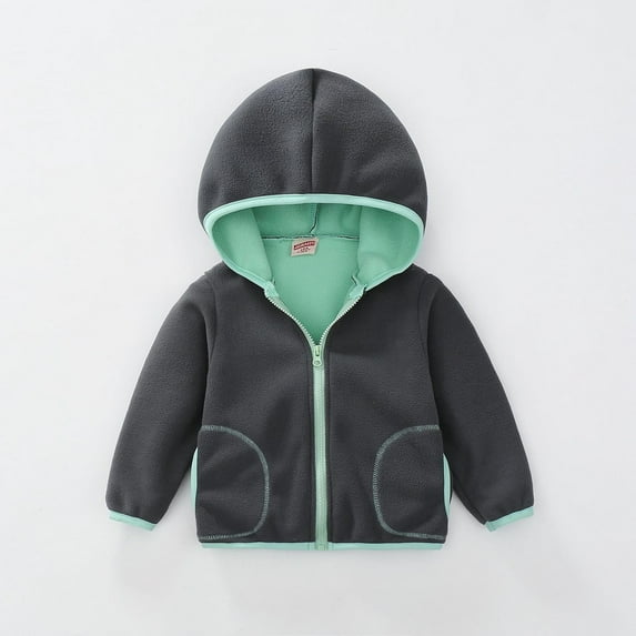 Eltusu Boys Fleece Jacket, Solid Color Soft Thermal Zip up Outerwear with Hood Green Size 4-5 T