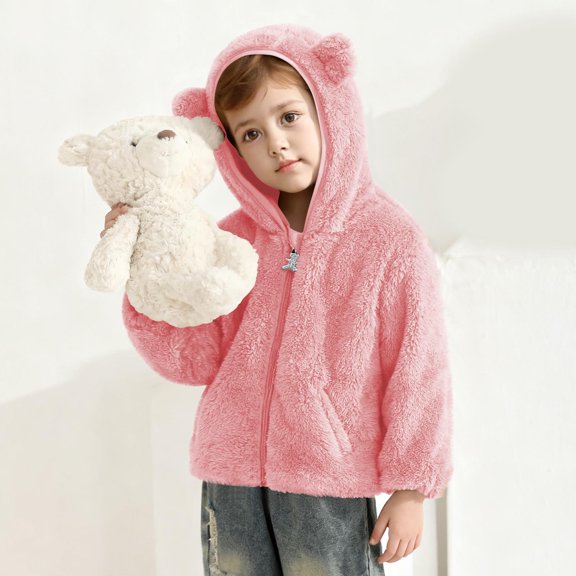 Eltusu Boys Fleece Jacket, Thermal Soft Zipper Cute Outerwear with Hood Pink Size 3-4 T