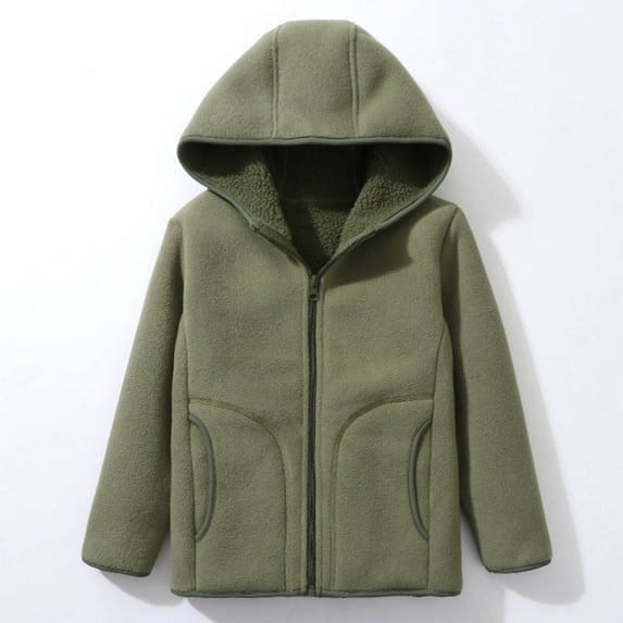 Eltusu Boys Fleece Jackets, Hooded Zipper Warm Soft Winter Outerwear Army Green Size 6-7T