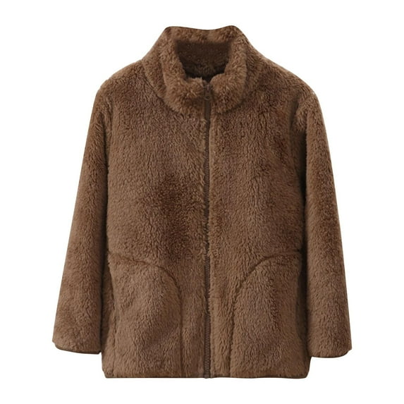 Eltusu Boys Fleece Jackets with Zipper, Warm Mid-weight Stand-up Collar Solid Color Winter Outerwear Coffee Size 8-9 T