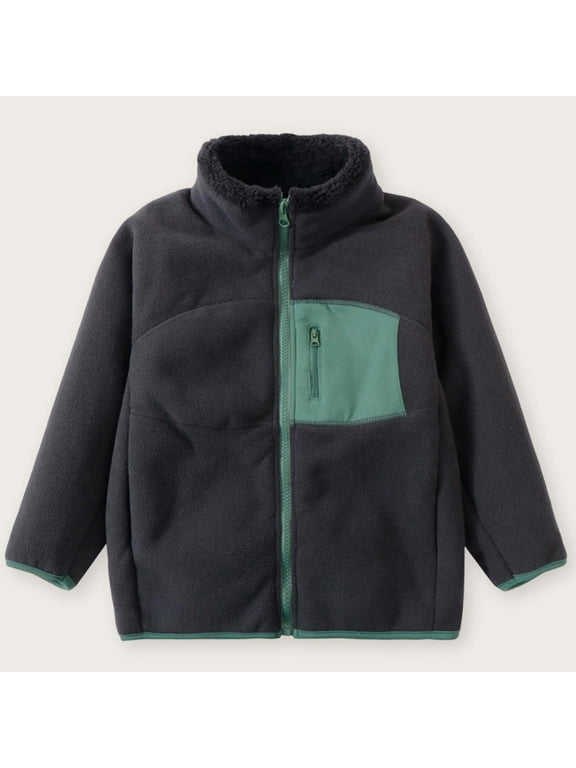 Boys Fuzzy Fleece Jackets, Thermsl Long Sleeve Stand-Up Collar Casual Winter Outerwear with Zipper Black Size 6 T