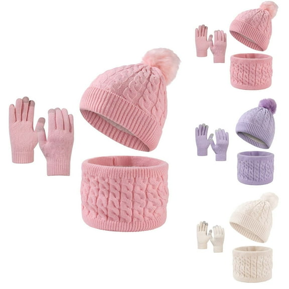 Eltusu Boys Hats Scarves Gloves Sets, Solid Color Thermal Pompom Beanies Scarves Mittens Sets 1-6 T Size Acrylic