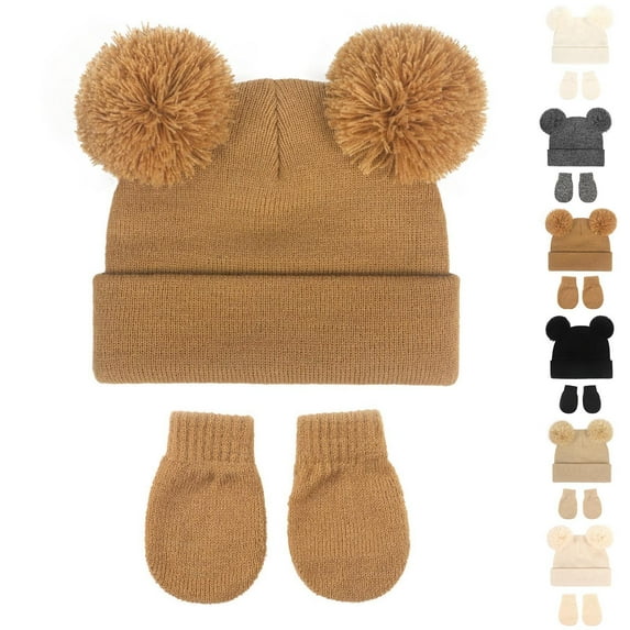 Eltusu Boys Hats and Gloves Sets, 2 Pieces Stretchy Thermal Beanies and Gloves Sets 6-36 Months Size Knitting Cotton