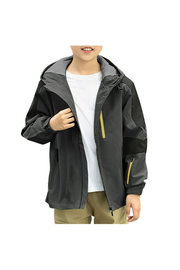 Boys Jackets with Pockets, Waterproof Hooded Zip up Windproof Spring Fall Outerwear Dark Gray Size 10-11 T