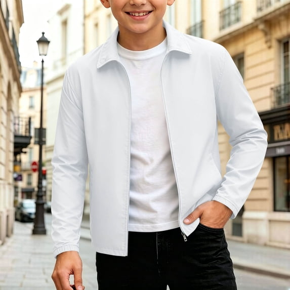 Eltusu Boys Jackets with Zipper, Lapel Collar Sports Windproof Solid Color Kids Outerwear White Size 7-8 T