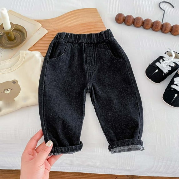 Eltusu Boys Jeans with Pockets, Loose Fit Wide Leg Cotton Elastic Waist Denim Pants Black Size 2-3 T