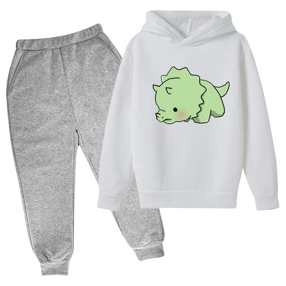 Eltusu Boys Outfit Sets 2 Pieces, Cotton Long Sleeve Sports Hoodies and Sweatpants Set White Size 5-6 T