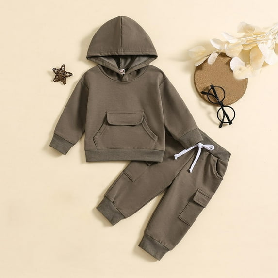 Eltusu Boys Outfit Sets 2 Pieces, Long Sleeve Solid Color Cotton Hoodies and Sweatpants Set Dark Gray Size 6 T