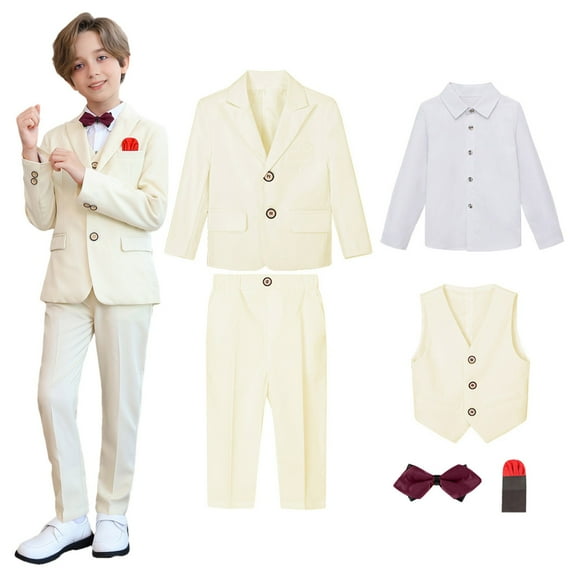 Eltusu Boys Outfit Sets, 6 Pieces Long Sleeve Straight Leg School Uniform Set Beige Size 13-14 T