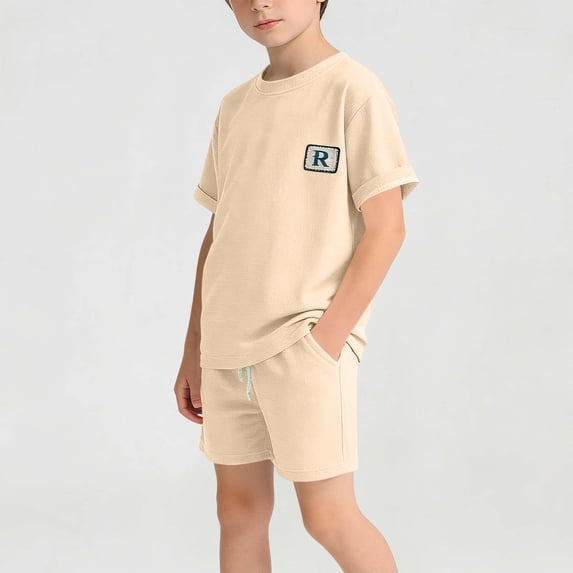 Eltusu Boys Outfit Sets, Elastic Waist 2PC Crewneck Short Sleeve Summer Clothes Sets Beige Size 11-12 T