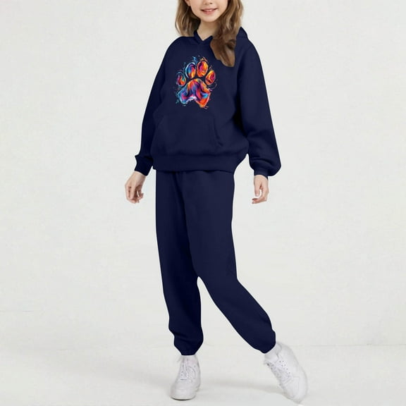 Eltusu Boys Outfit Sets, Long Sleeve Two Pieces Printed Relaxed Fit Hoodies and Sweatpants Sets Dark Blue Size 11-12 T