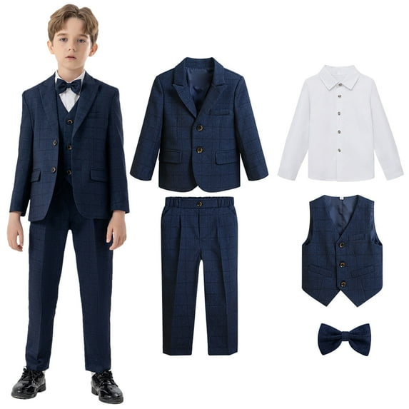 Eltusu Boys Outfit Sets, Solid Color 4 Pieces Long Sleeve School Uniform Set Navy Size 9-10 T