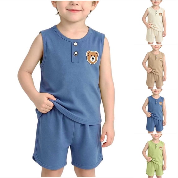 Eltusu Boys Outfit Sets, Waffle Summer 2 Pieces Elastic Waist Sleeveless T-Shirts and Shorts Sets Blue Size 6 T