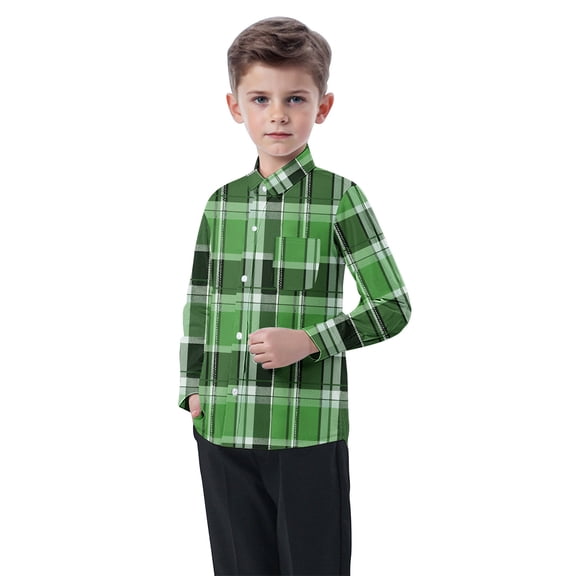 Eltusu Boys Plaid Shirts, Casual Comfy Lapel Collar Breathable Button-Down Shirts Green Size 7-8 T