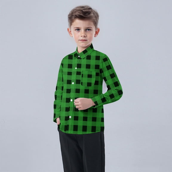 Eltusu Boys Plaid Shirts, Casual Lightweight Breathable Lapel Collar Button-Down Shirts Green Size 7-8 T