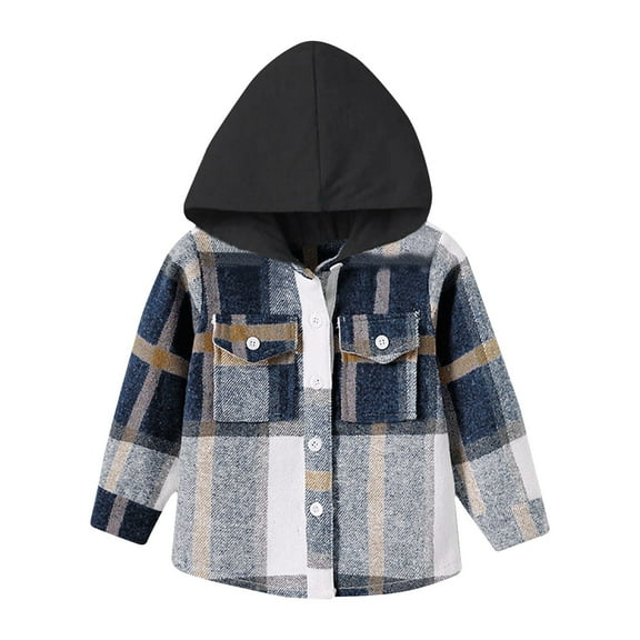Eltusu Boys Plaid Shirts, Hooded Casual Breathable Long Sleeve Kids Jackets Dark Blue Size 5-6 T