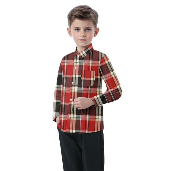 Eltusu Boys Plaid Shirts, Lapel Collar Comfy Breathable Casual Button-Down Shirts Red Size 7-8 T