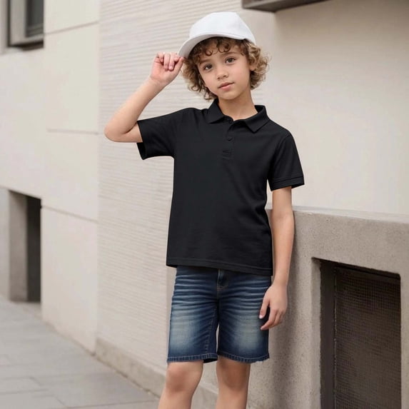 Eltusu Boys Polo Shirts, Button Down Pullover Solid Color Short Sleeve Collar Shirts Black Size 5-6 T