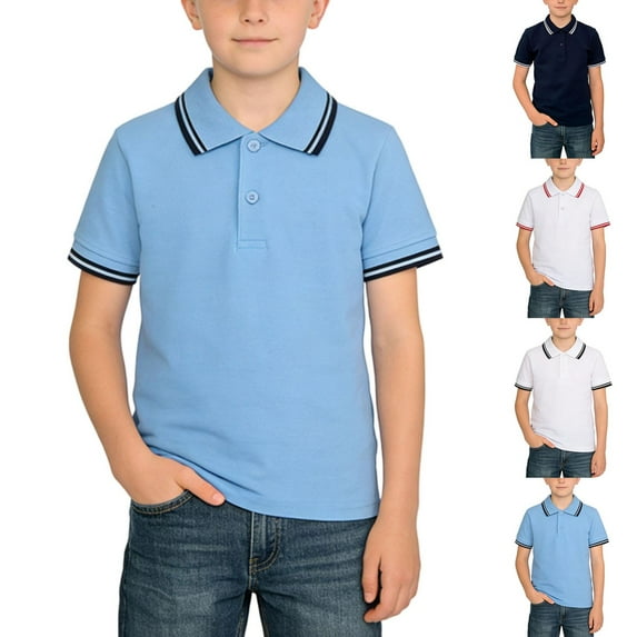 Eltusu Boys Polo Shirts, Collared Button Cotton Short Sleeve School Uniform Shirts Blue Size 10-12 T