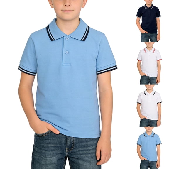 Eltusu Boys Polo Shirts, Collared Button Cotton Short Sleeve School Uniform Shirts Blue Size 10-12 T