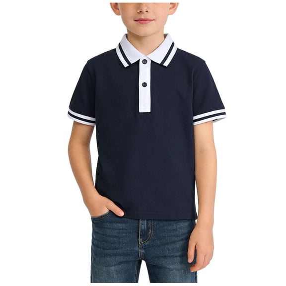 Eltusu Boys Polo Shirts, Collared Cotton Short Sleeve Summer School Uniform Shirts Navy Size 9-10 T