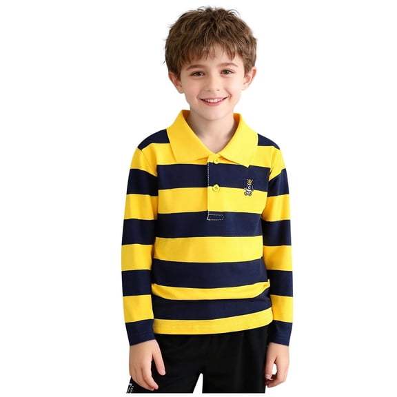 Eltusu Boys Polo Shirts, Collared Short Sleeve Striped Cotton School Uniform Shirts Yellow Size 5-6T