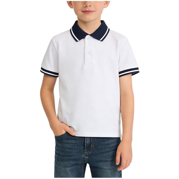 Eltusu Boys Polo Shirts, Cotton Pullover Collared Short Sleeve School Uniform Shirts Dark Blue Size 7-8 T