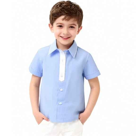 Eltusu Boys Polo Shirts, Pullover Cotton Short Sleeve Lapel Collar School Uniform Shirts Blue Size 13-14 T