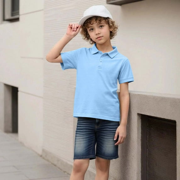 Eltusu Boys Polo Shirts, Pullover Soft Short Sleeve Two Pieces Collar Shirts Light Blue Size 4-5 T