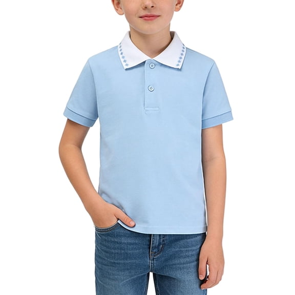 Eltusu Boys Polo Shirts, Short Sleeve Cotton Turn Down Collar Breathabl School Uniform Shirts Light Blue Size 3-4 T
