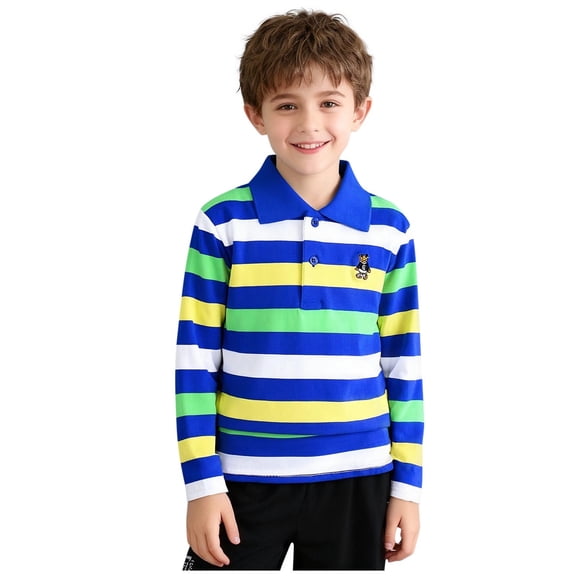 Eltusu Boys Polo Shirts, Short Sleeve Striped Cotton Collared School Uniform Shirts Navy Size 3-4T
