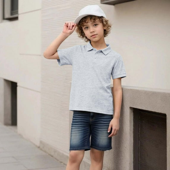 Eltusu Boys Polo Shirts, Two Pieces Pullover Short Sleeve Soft Collar Shirts Gray Size 1-2 T