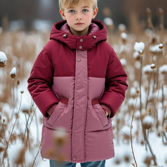 Eltusu Boys Puffer Jackets, Hooded Waterproof Cotton Thermal Winter Outerwear with Pockets Red Size 6-7T