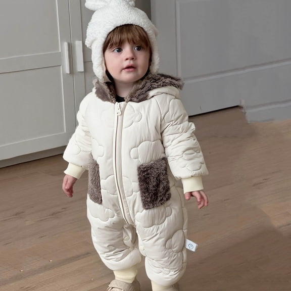 Eltusu Boys Puffer Jumpsuits, Long Sleeve Windproof Bear Ear Thermal Rompers with Hood White Size 2-3T