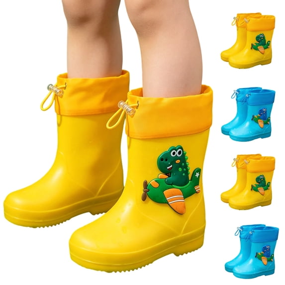 Eltusu Boys Rain Boots Waterproof, PVC Mid-Calf Non-Slip Lightweight Rain Shoes Yellow Size 13 Little Kids