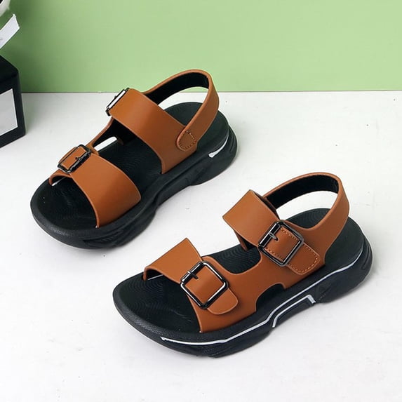 Eltusu Boys Sandals, Fashion Open Toe Non-Slip Soft Sole Beach Shoes Brown Size 4(Big Kids)