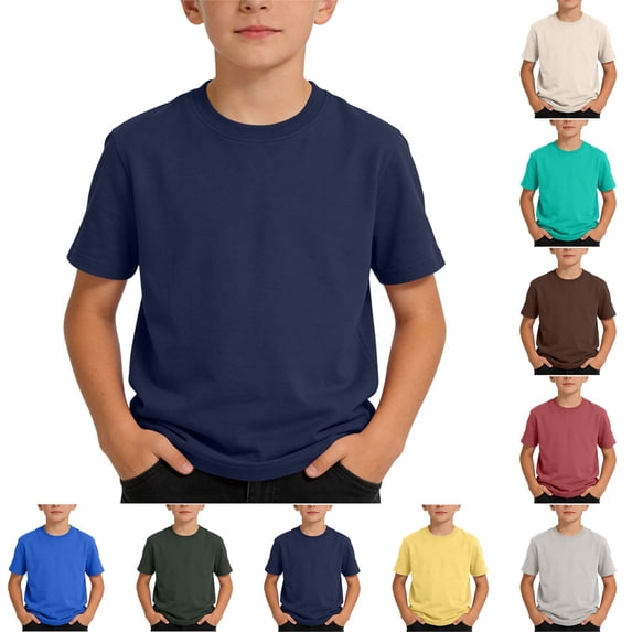 Eltusu Boys Short Sleeve Tops, Comfy Solid Color Cotton Crew Neck Summer T-Shirts Navy Size 10 T