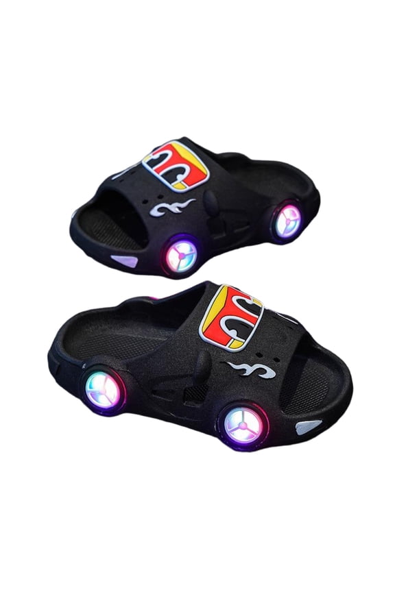 Boys Slides, Soft Bottom Open Toe Cartoon Non-Slip Summer Slippers Black Size 13.5(Little Kids)
