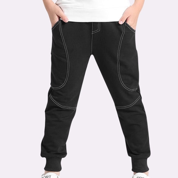 Eltusu Boys Sports Sweatpants, Elastic Waist Cotton Loose Comfy Jogger Pants Black Size 9-10 T