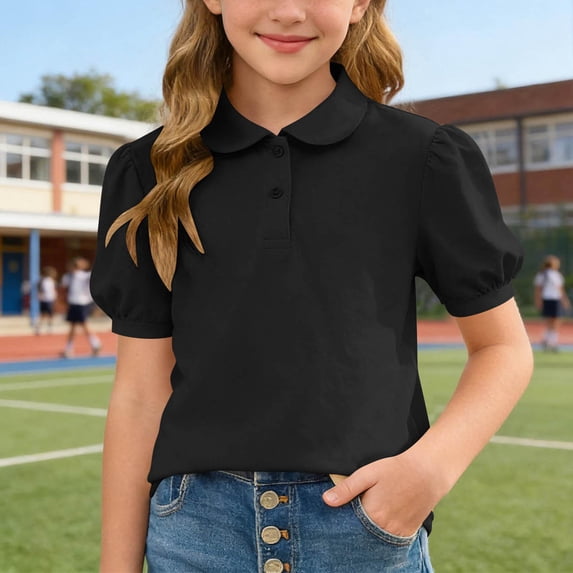 Eltusu Boys Summer T-Shirts, Button Pullover Short Sleeve Collared School Uniform Tops Black Size 12-13 T