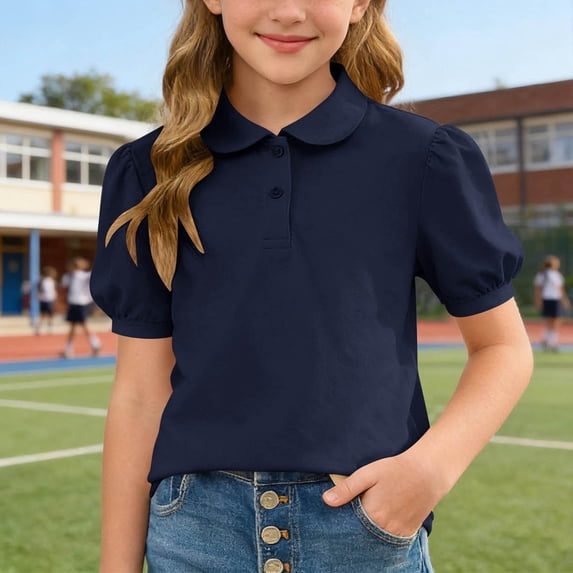Eltusu Boys Summer T-Shirts, Short Sleeve Pullover Collared Button School Uniform Tops Navy Size 11-12 T