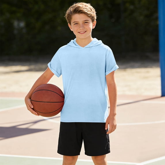 Eltusu Boys Summer T-Shirts, Solid Color Casual Hooded Sports Short Sleeve Tops Blue Size 10-12 T