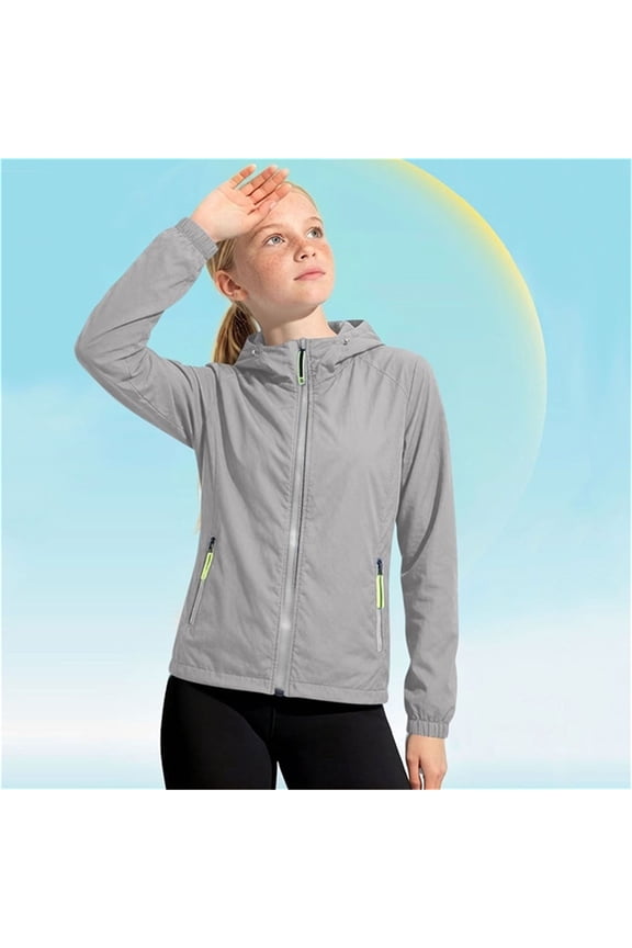 Boys Sun Protection Jackets, Sports Hooded Long Sleeve Zipper Rash Guard Gray Size 11-12T