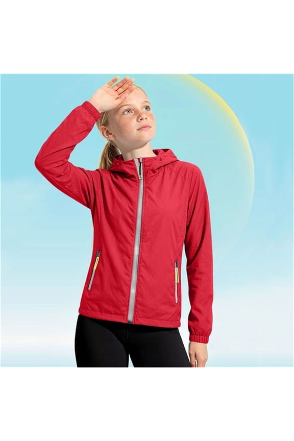 Boys Sun Protection Jackets, Zipper Hooded Long Sleeve Sports Rash Guard Red Size 3-4T