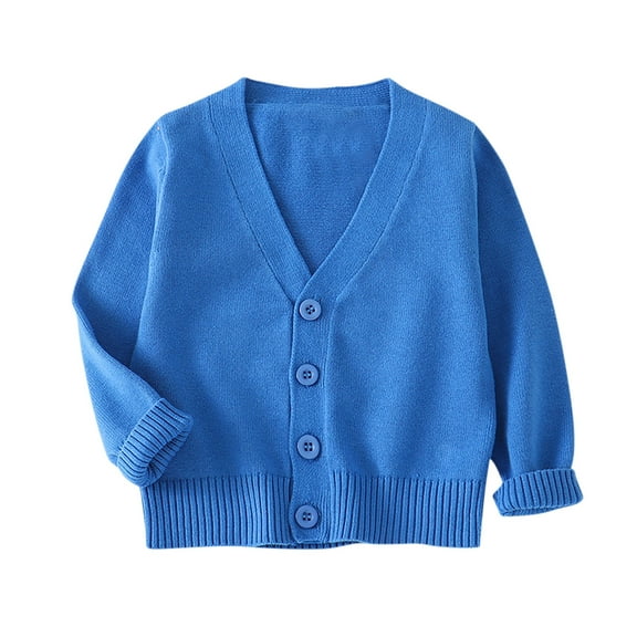 Eltusu Boys Sweaters Cardigans, Long Sleeve Knitting Cotton V-Neck Solid Color Fall Cardigans Blue Size 7 T