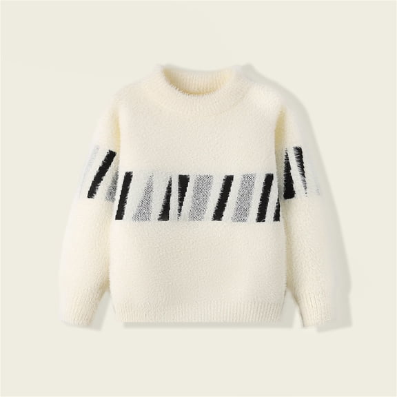 Eltusu Boys Sweaters, Long Sleeve Pullover Warm Printed Winter Tops White Size 11-12 T