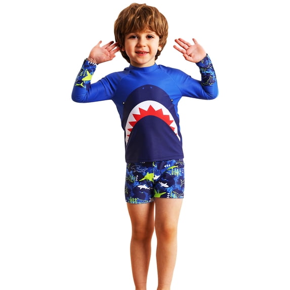 Eltusu Boys Swimsuit, Bathing Short Sleeve Crewneck Summer Rush Gard Shirts and Swim Trunks Set Blue Size 4 T