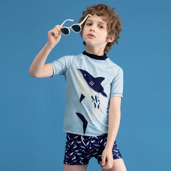 Eltusu Boys Swimsuit, Crewneck Summer Short Sleeve Graphic Rush Gard Shirts and Swim Trunks Set Blue Size 10-11 T